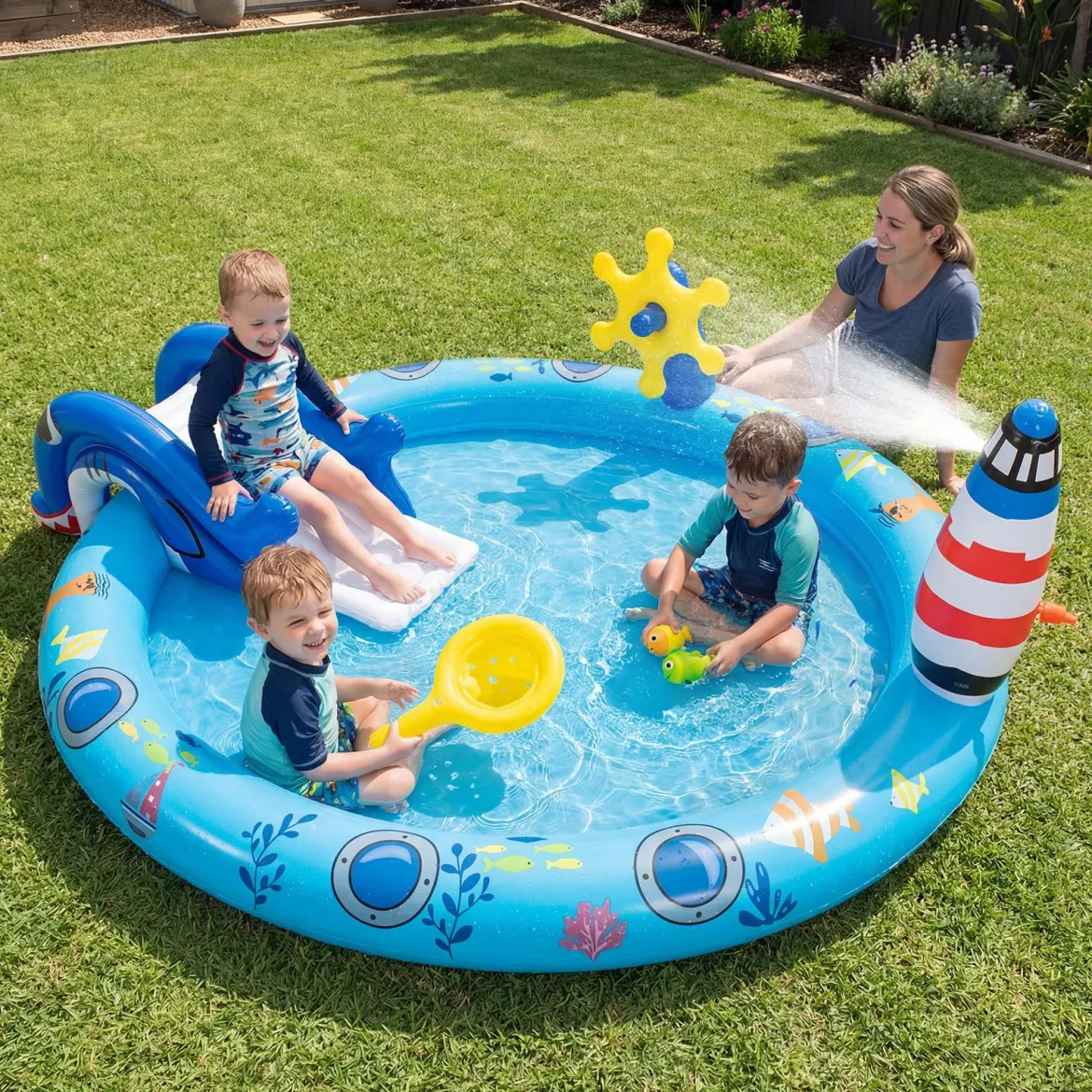 Aufblasbares Planschbecken Wasserspielzentrum mit Meeresmotiven und Haiförmiger Rutsche
