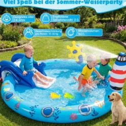Aufblasbares Planschbecken Wasserspielzentrum mit Meeresmotiven und Haiförmiger Rutsche