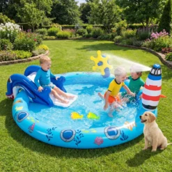 Aufblasbares Planschbecken Wasserspielzentrum mit Meeresmotiven und Haiförmiger Rutsche
