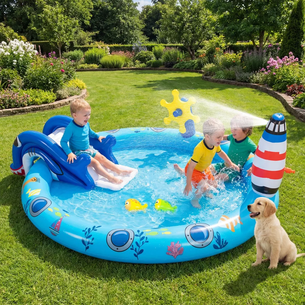 Aufblasbares Planschbecken Wasserspielzentrum mit Meeresmotiven und Haiförmiger Rutsche