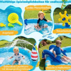 Aufblasbares Planschbecken Wasserspielzentrum mit Meeresmotiven und Haiförmiger Rutsche