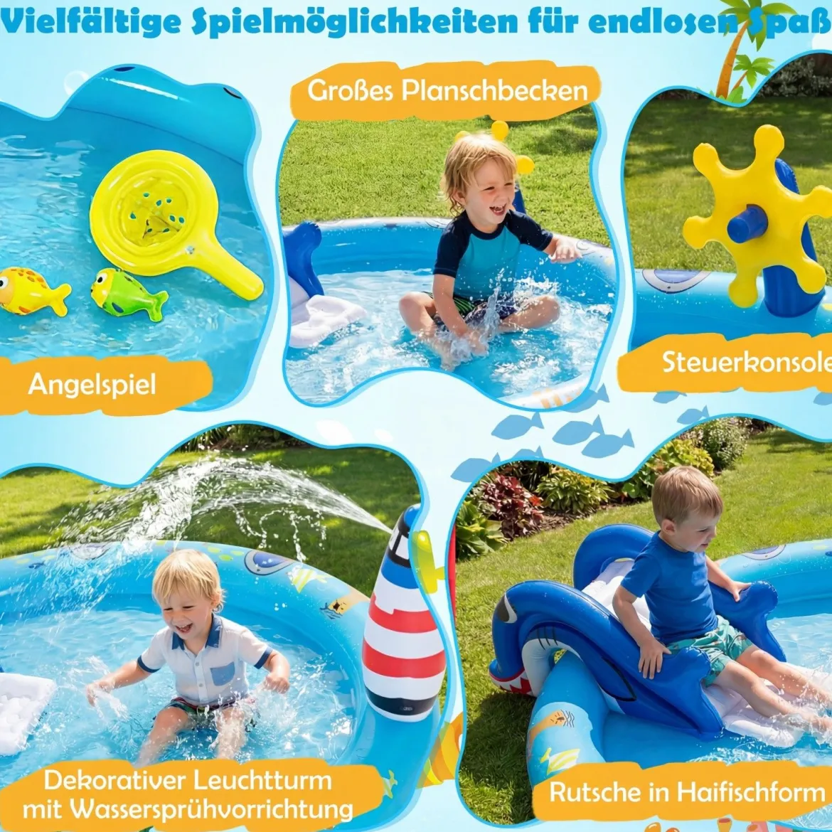 Aufblasbares Planschbecken Wasserspielzentrum mit Meeresmotiven und Haiförmiger Rutsche