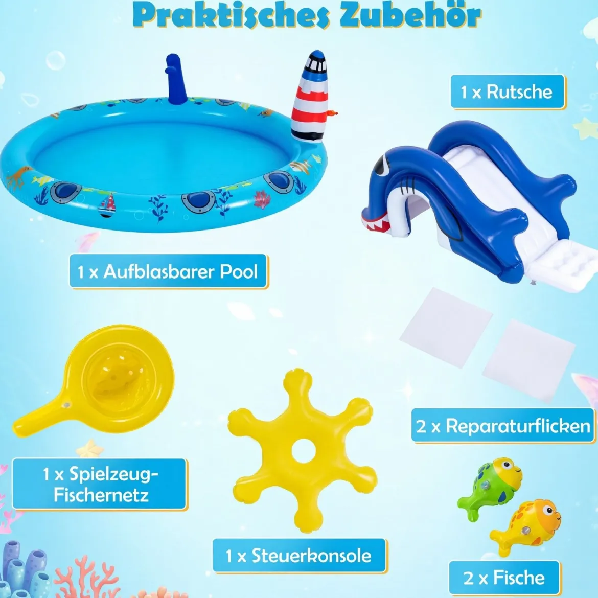 Aufblasbares Planschbecken Wasserspielzentrum mit Meeresmotiven und Haiförmiger Rutsche