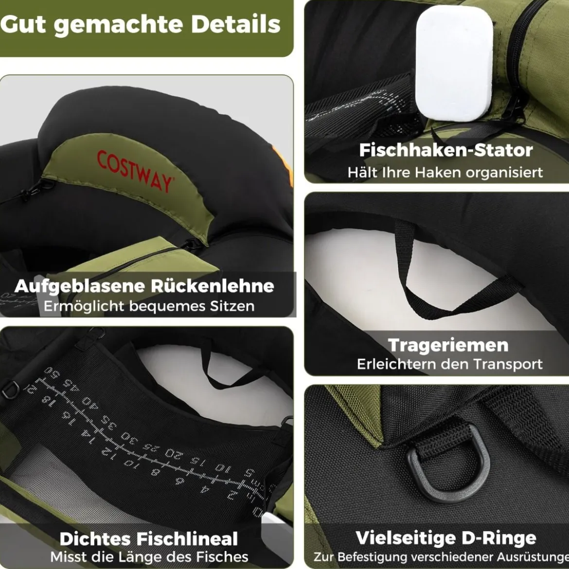 Aufblasbares Schlauchboot Angelboot mit einstellbarem Angelrutenhalter Fischhakenstator Aluminium-Paddel Grün