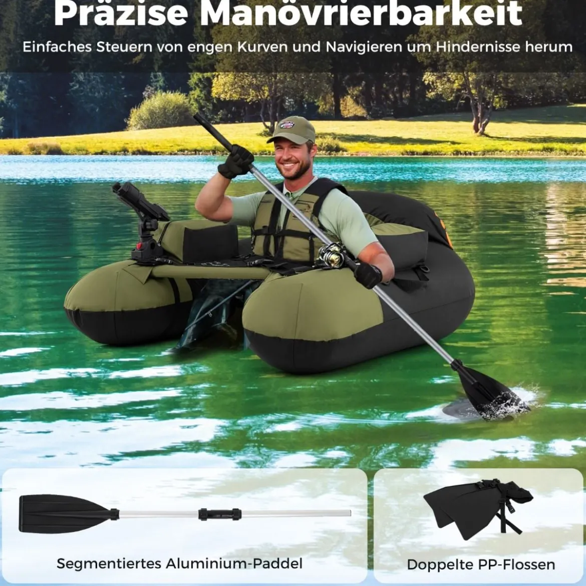 Aufblasbares Schlauchboot Angelboot mit einstellbarem Angelrutenhalter Fischhakenstator Aluminium-Paddel Grün