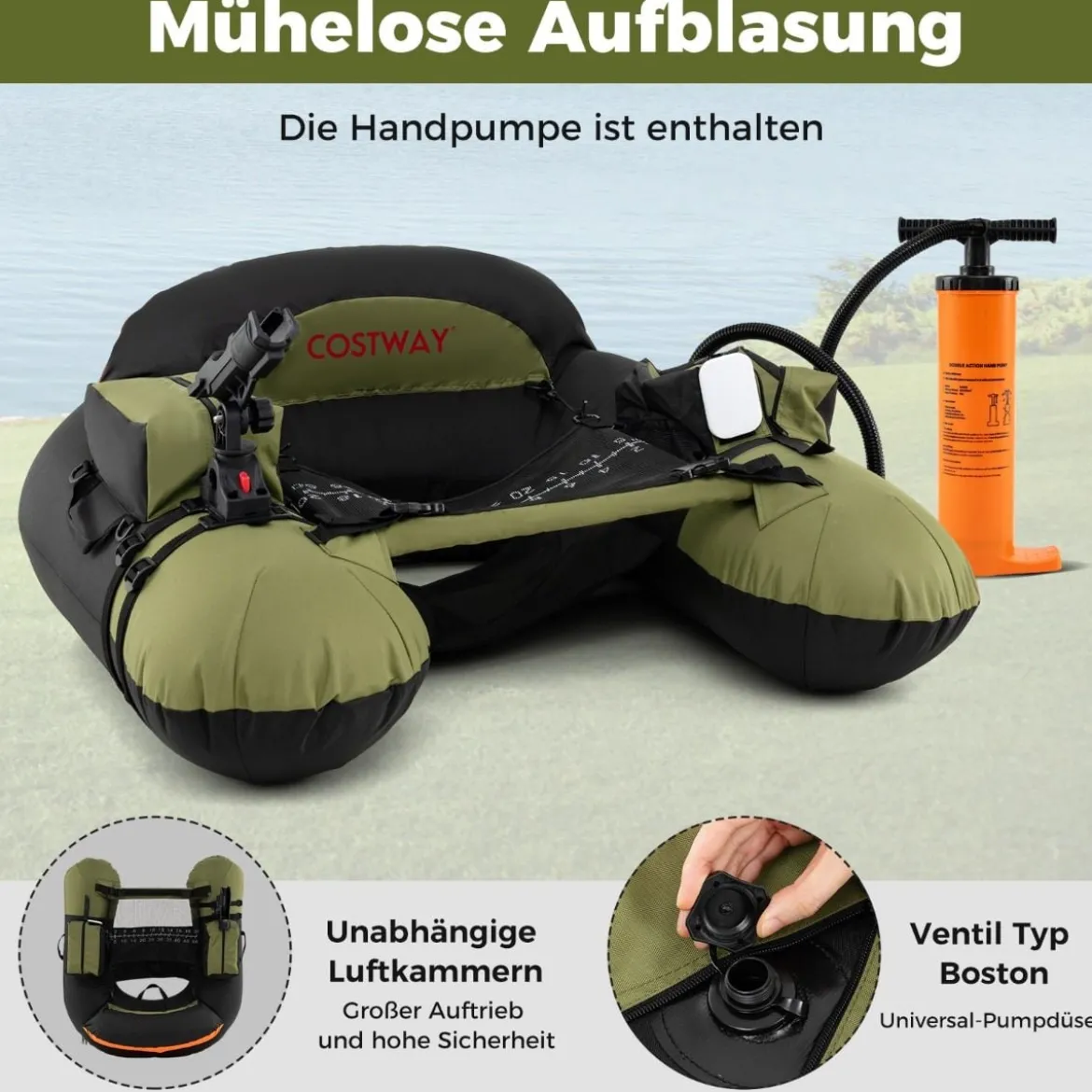 Aufblasbares Schlauchboot Angelboot mit einstellbarem Angelrutenhalter Fischhakenstator Aluminium-Paddel Grün
