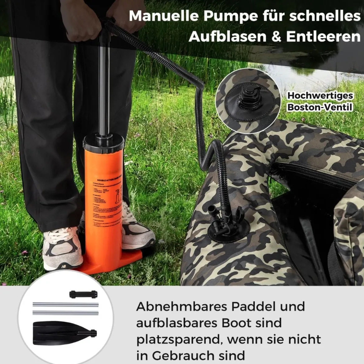 Aufblasbares Schlauchboot mit Flossen & Fischlineal & Rutenhalter Angelboot Camouflage