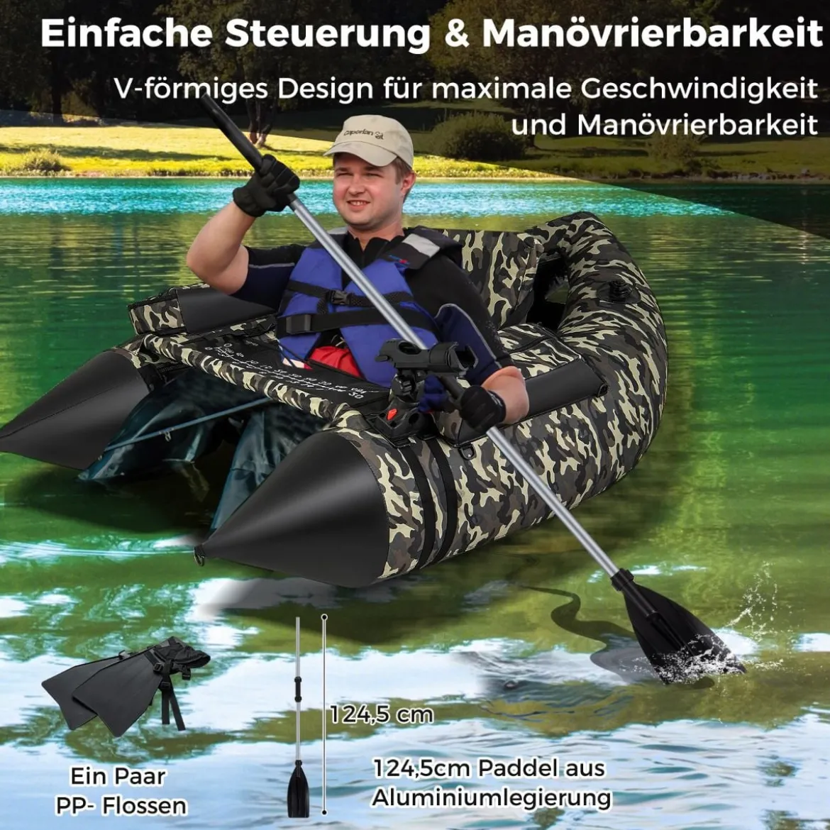 Aufblasbares Schlauchboot mit Flossen & Fischlineal & Rutenhalter Angelboot Camouflage