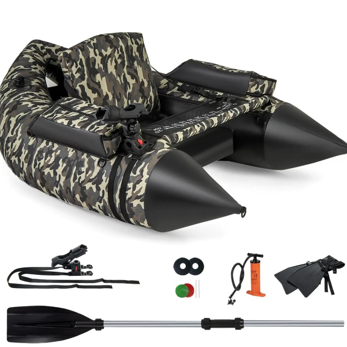 Aufblasbares Schlauchboot mit Flossen & Fischlineal & Rutenhalter Angelboot Camouflage