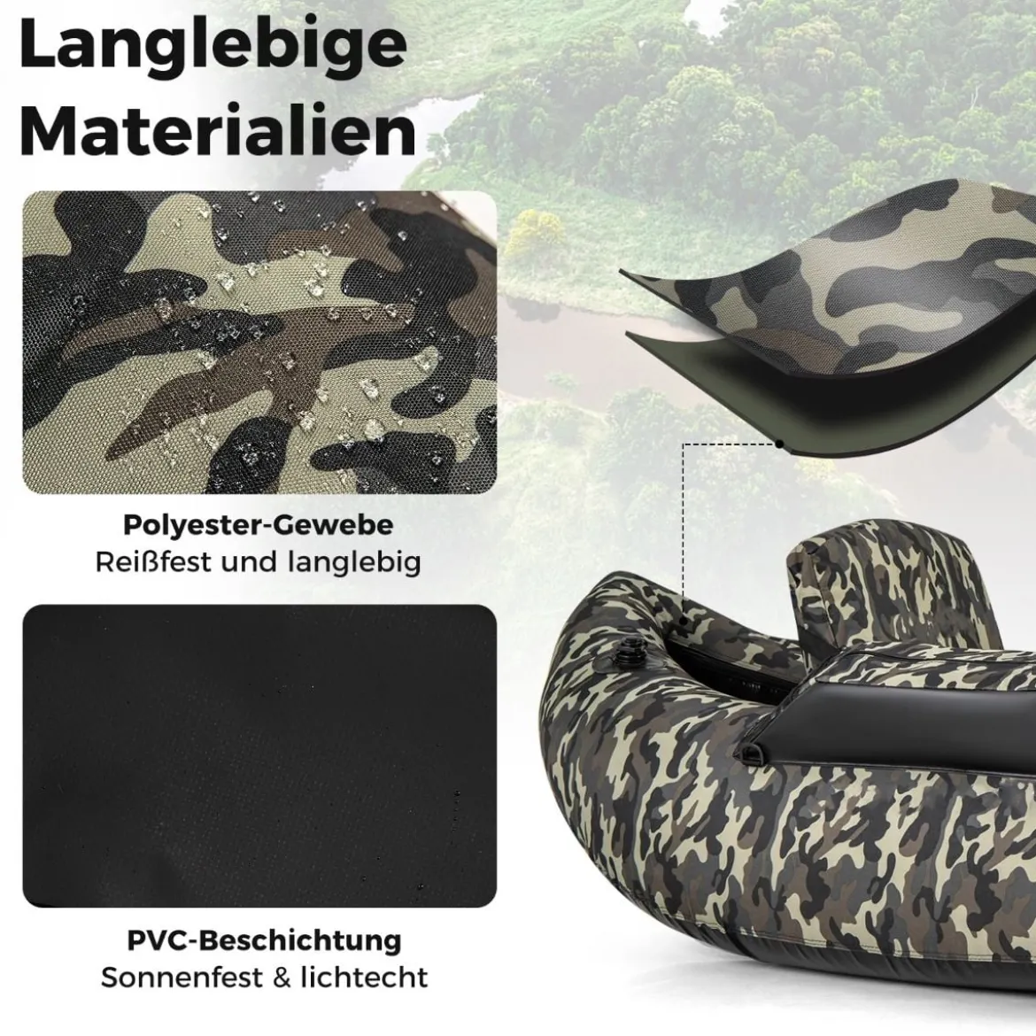 Aufblasbares Schlauchboot mit Flossen & Fischlineal & Rutenhalter Angelboot Camouflage
