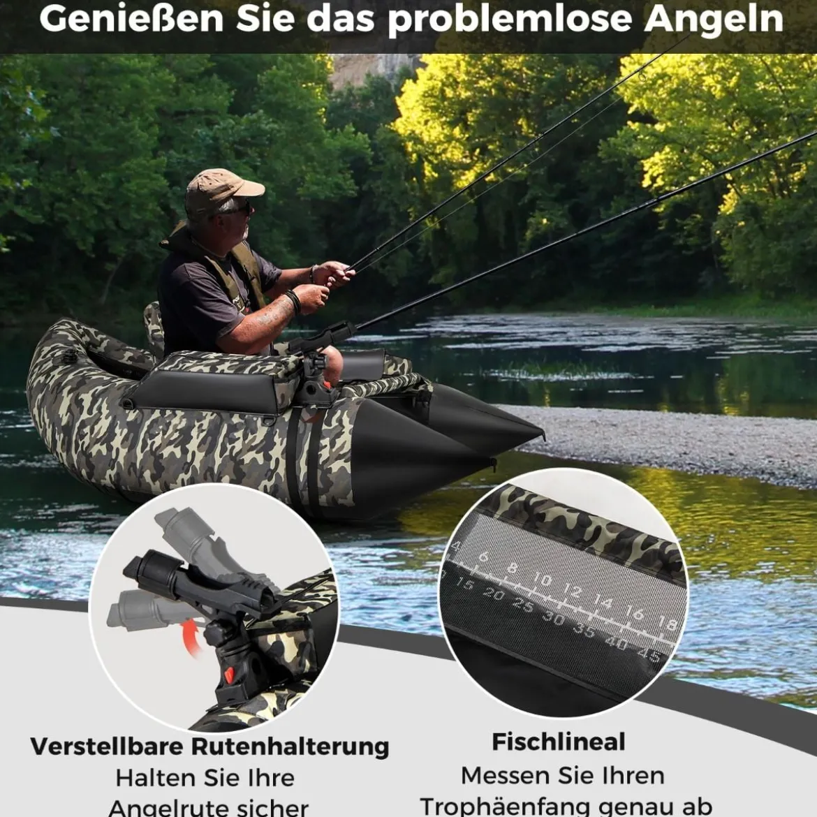 Aufblasbares Schlauchboot mit Flossen & Fischlineal & Rutenhalter Angelboot Camouflage