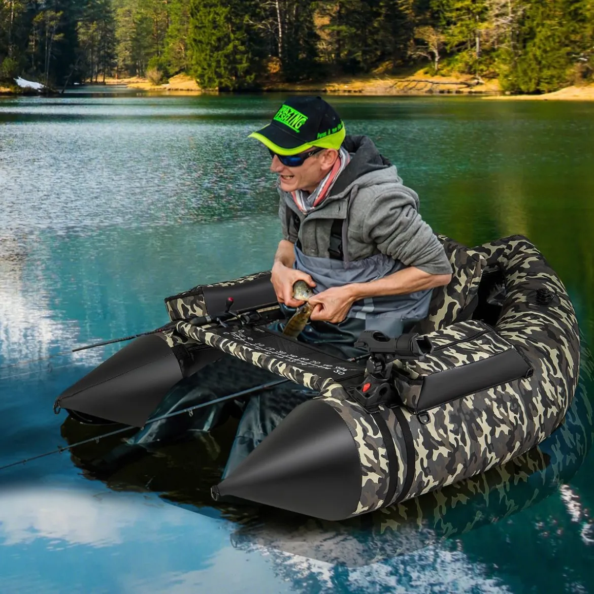 Aufblasbares Schlauchboot mit Flossen & Fischlineal & Rutenhalter Angelboot Camouflage