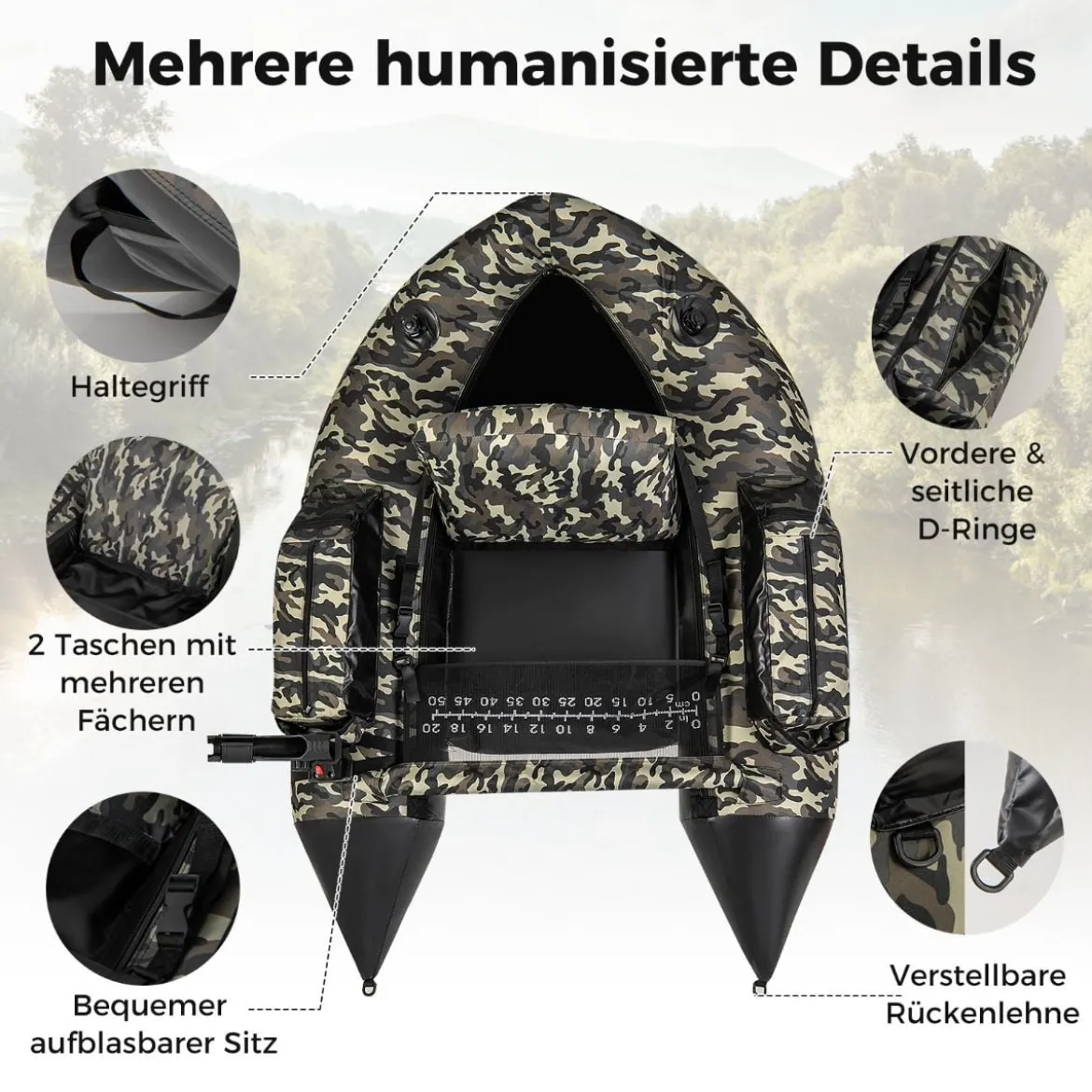 Aufblasbares Schlauchboot mit Flossen & Fischlineal & Rutenhalter Angelboot Camouflage