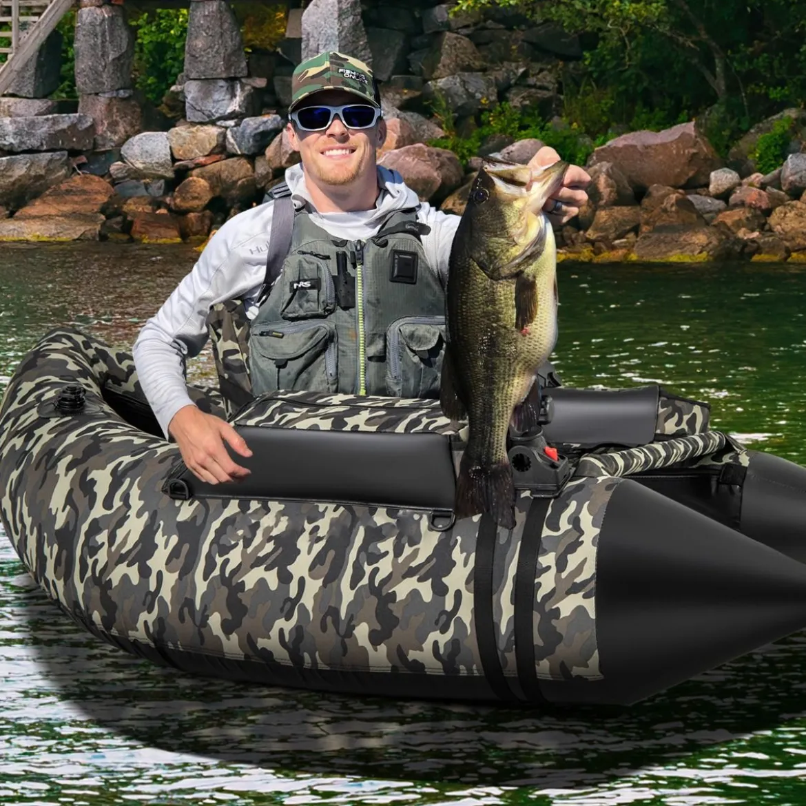 Aufblasbares Schlauchboot mit Flossen & Fischlineal & Rutenhalter Angelboot Camouflage
