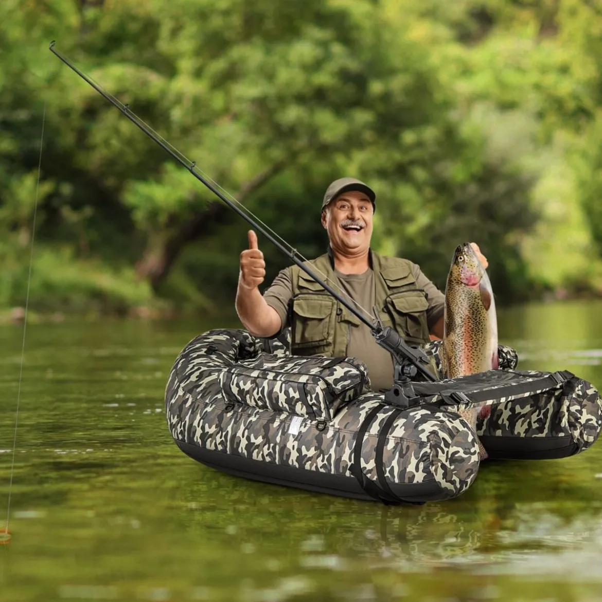 Aufblasbares Schlauchboot mit Fischlineal & Rutenhalter & Paddel Angelboot Camouflage