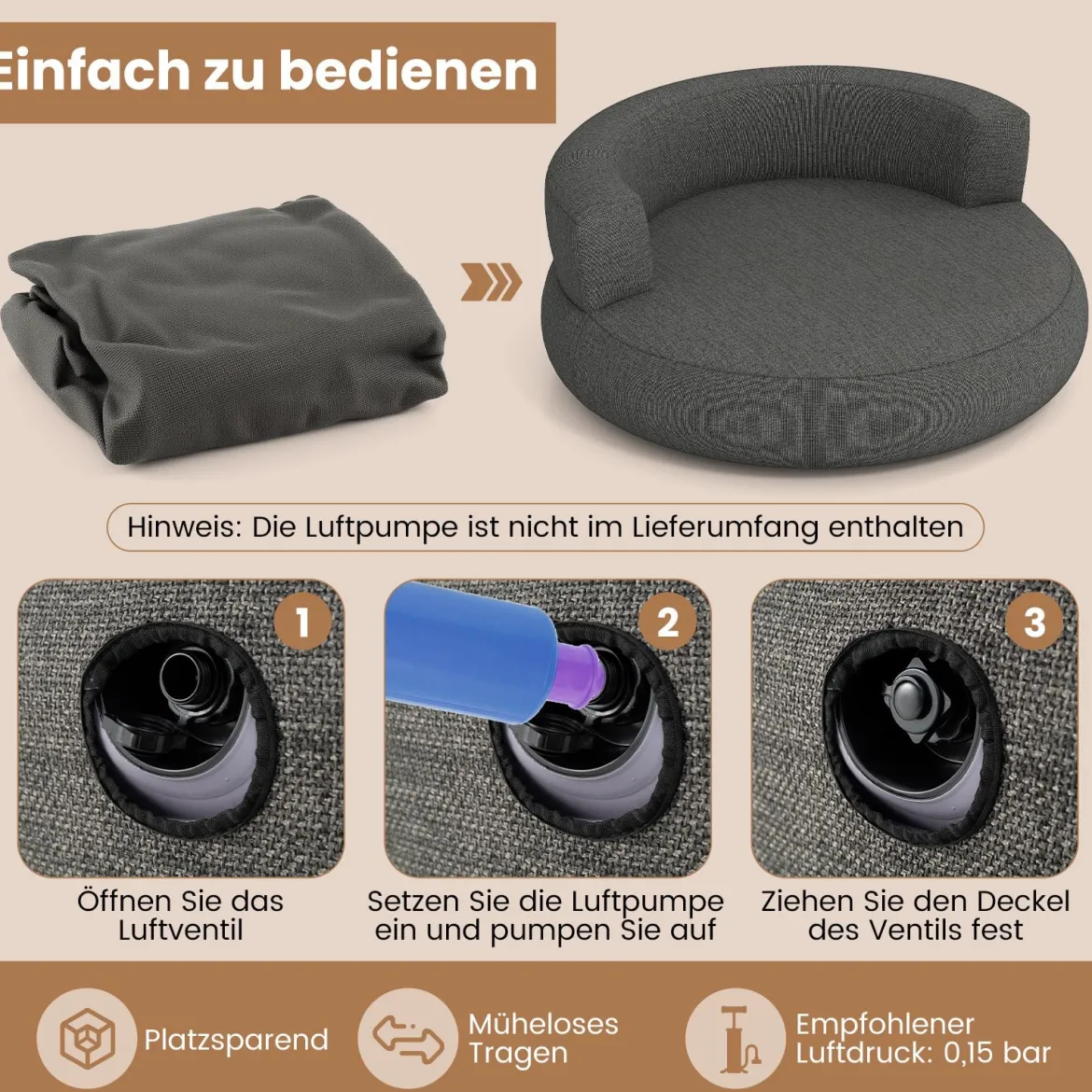 Aufblasbares Sofa aufblasbarer Lounger Luftsofa mit abnehmbarem Bezug großzügige Liegefläche Grau