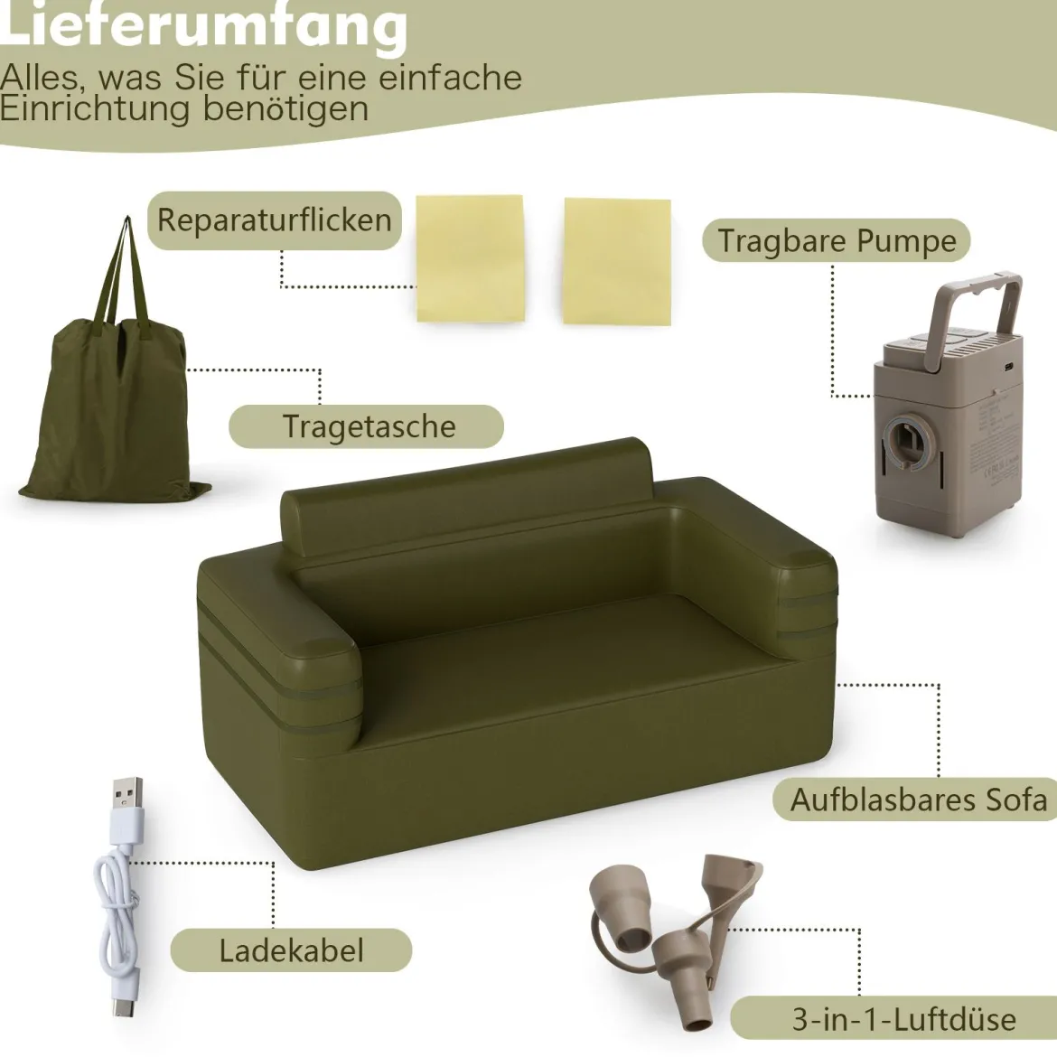 Aufblasbares Sofa mit Integrierter Pumpe & Aufbewahrungstasche Camping Luftsofa für 2 Personen