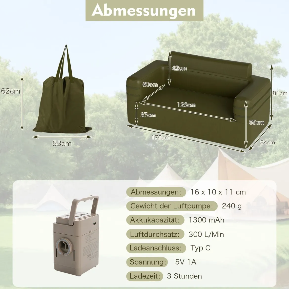 Aufblasbares Sofa mit Integrierter Pumpe & Aufbewahrungstasche Camping Luftsofa für 2 Personen