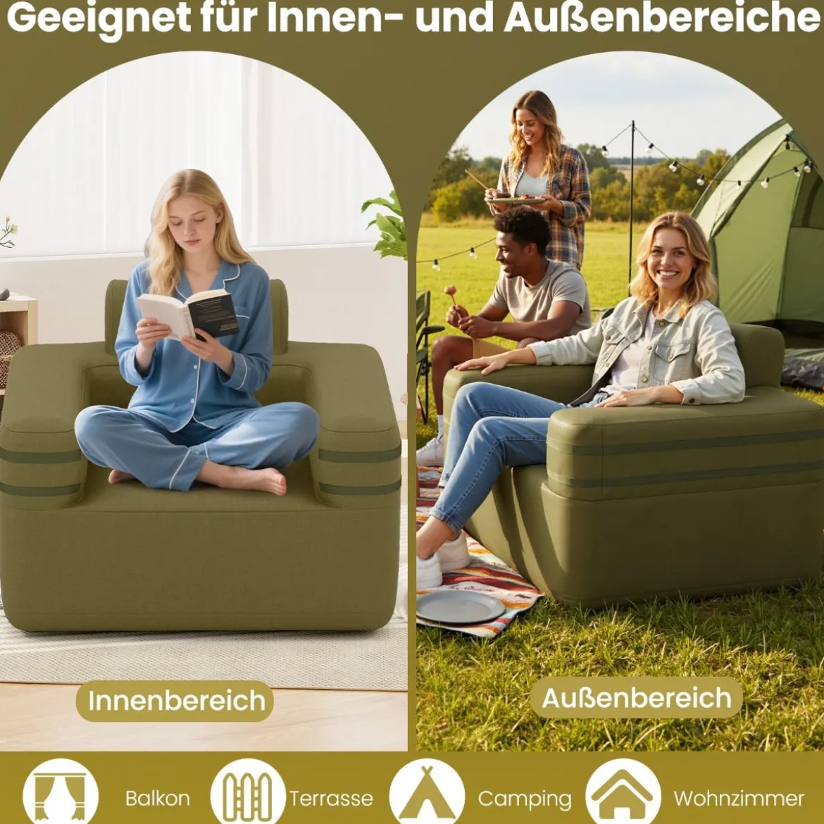 Aufblasbares Sofa mit Integrierter Pumpe & Aufbewahrungstasche Camping Luftsofa für 1 Person