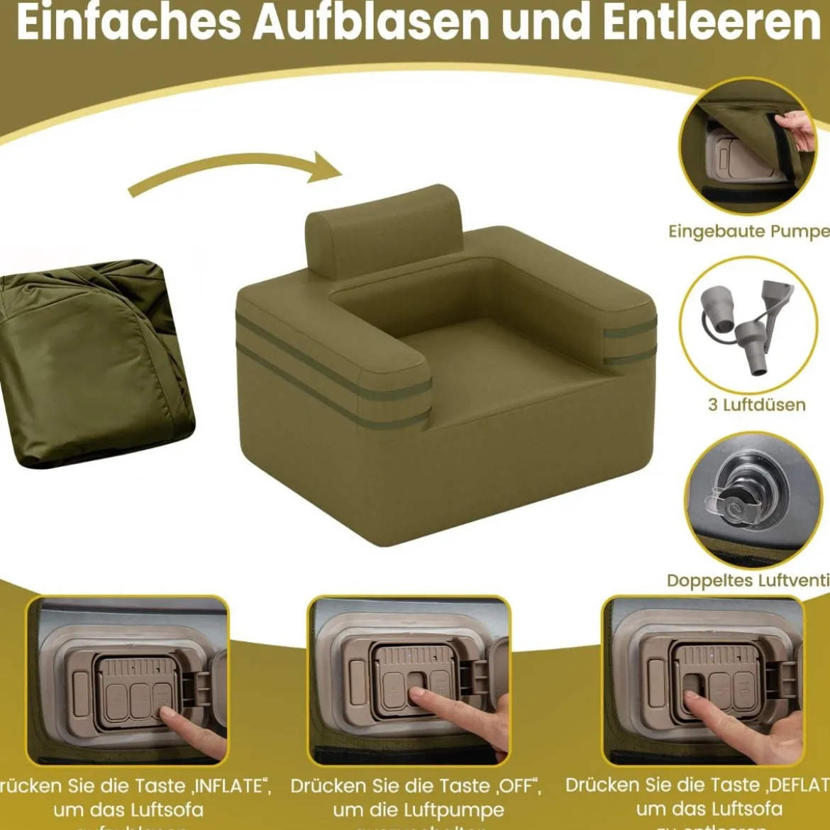 Aufblasbares Sofa mit Integrierter Pumpe & Aufbewahrungstasche Camping Luftsofa für 1 Person