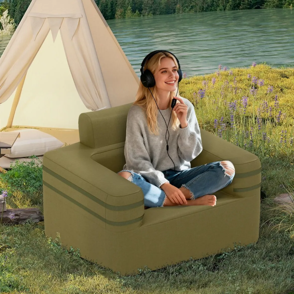 Aufblasbares Sofa mit Integrierter Pumpe & Aufbewahrungstasche Camping Luftsofa für 1 Person
