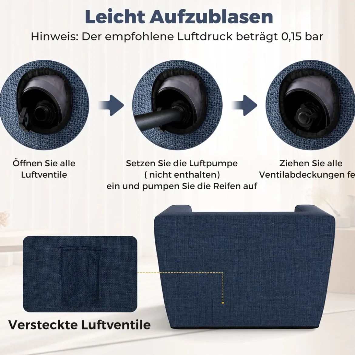 Aufblasbares Sofa tragbares aufblasbares Sofa mit abnehmbarem Bezug breite Armlehnen Blau