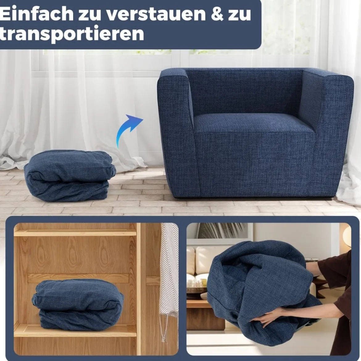 Aufblasbares Sofa tragbares aufblasbares Sofa mit abnehmbarem Bezug breite Armlehnen Blau