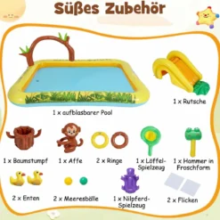 Aufblasbares Spielzentrum mit Rutsche Jungle Adventure Kinderpool mit Planschbecken Affe Sprinkler & Baumstumpf