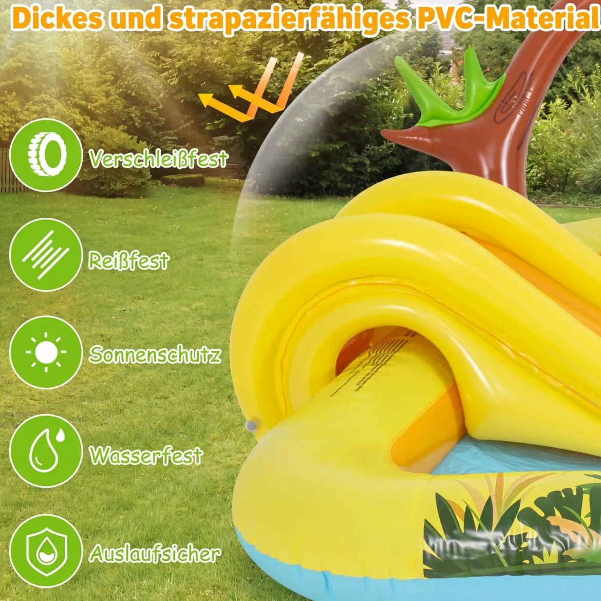 Aufblasbares Spielzentrum mit Rutsche Jungle Adventure Kinderpool mit Planschbecken Affe Sprinkler & Baumstumpf