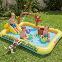 Aufblasbares Spielzentrum mit Rutsche Jungle Adventure Kinderpool mit Planschbecken Affe Sprinkler & Baumstumpf