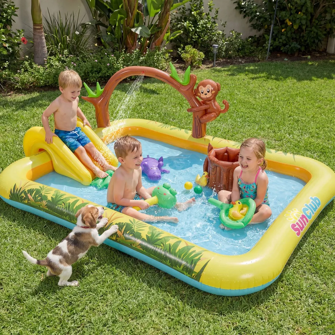 Aufblasbares Spielzentrum mit Rutsche Jungle Adventure Kinderpool mit Planschbecken Affe Sprinkler & Baumstumpf