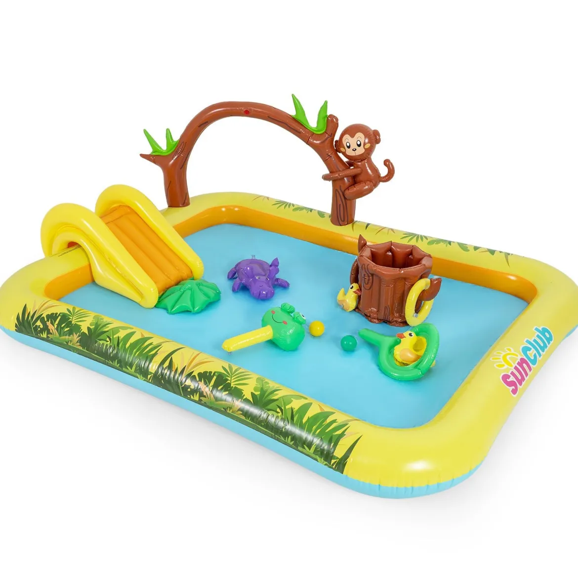 Aufblasbares Spielzentrum mit Rutsche Jungle Adventure Kinderpool mit Planschbecken Affe Sprinkler & Baumstumpf