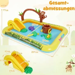 Aufblasbares Spielzentrum mit Rutsche Jungle Adventure Kinderpool mit Planschbecken Affe Sprinkler & Baumstumpf