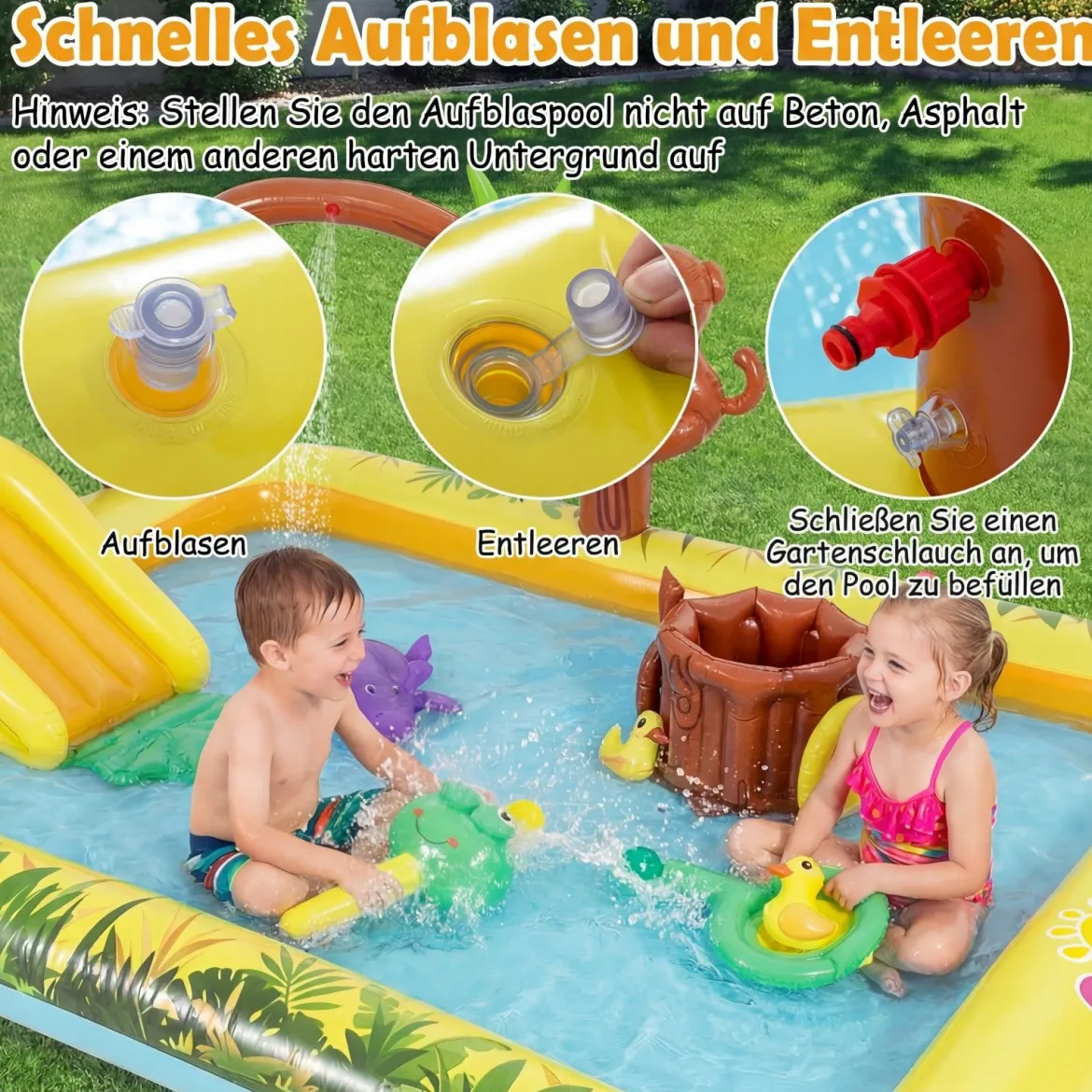 Aufblasbares Spielzentrum mit Rutsche Jungle Adventure Kinderpool mit Planschbecken Affe Sprinkler & Baumstumpf