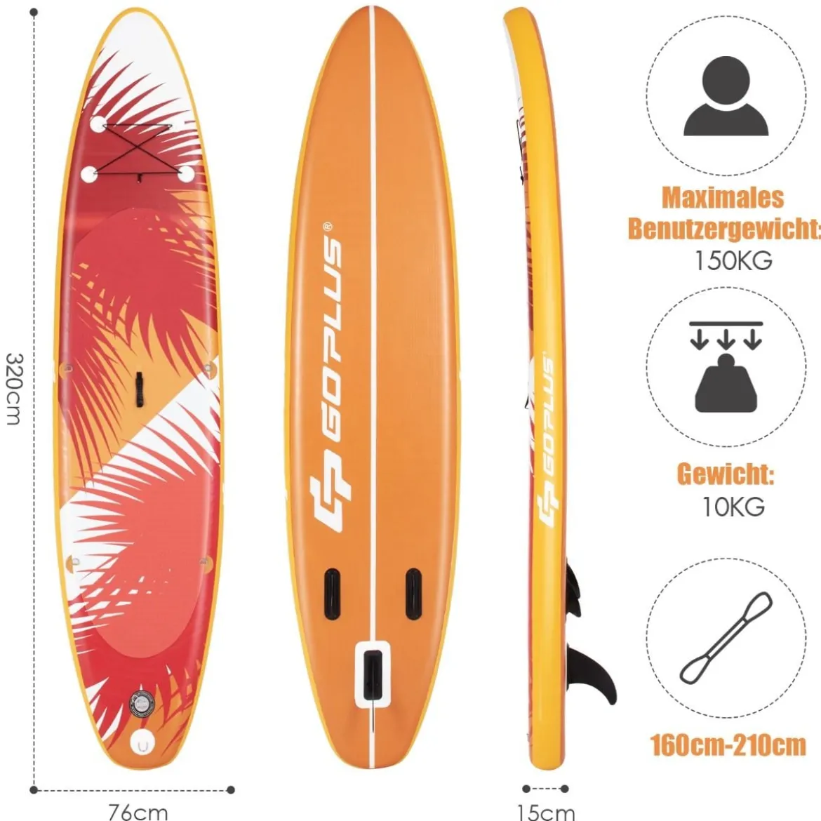 Aufblasbares Stand-up-Paddle-Board mit SUP-Zubehör Rucksack verstellbares Paddel 325 x 76 x 15 cm Orange