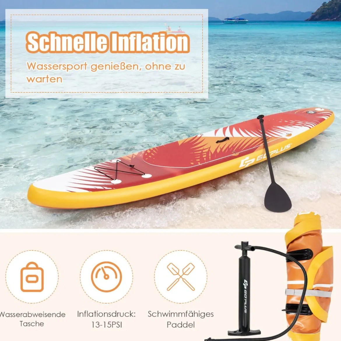 Aufblasbares Stand-up-Paddle-Board mit SUP-Zubehör Rucksack verstellbares Paddel 325 x 76 x 15 cm Orange
