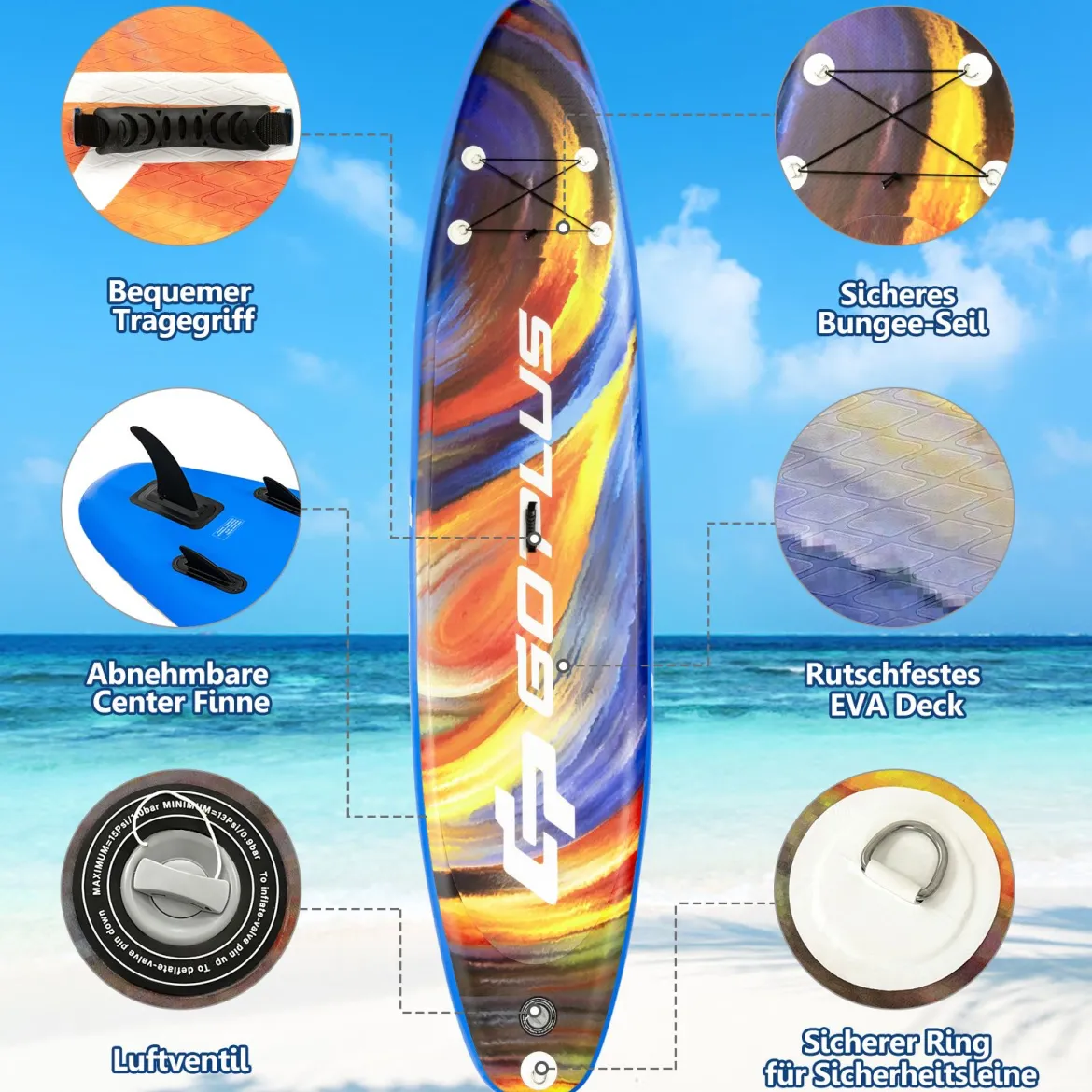 Aufblasbares Stand Up Surfboard verbreitertes Board 320 x 76 x 15 cm Sternenhimmel-Muster Bunt