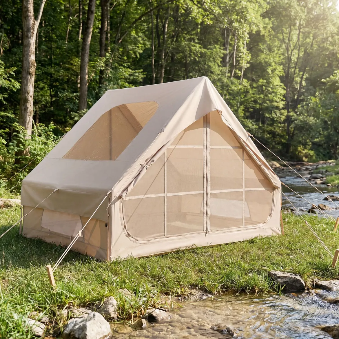 Aufblasbares Zelt für 4 Personen Campingzelt mit 2 Türen Mesh-Fenstern & Dachfenster