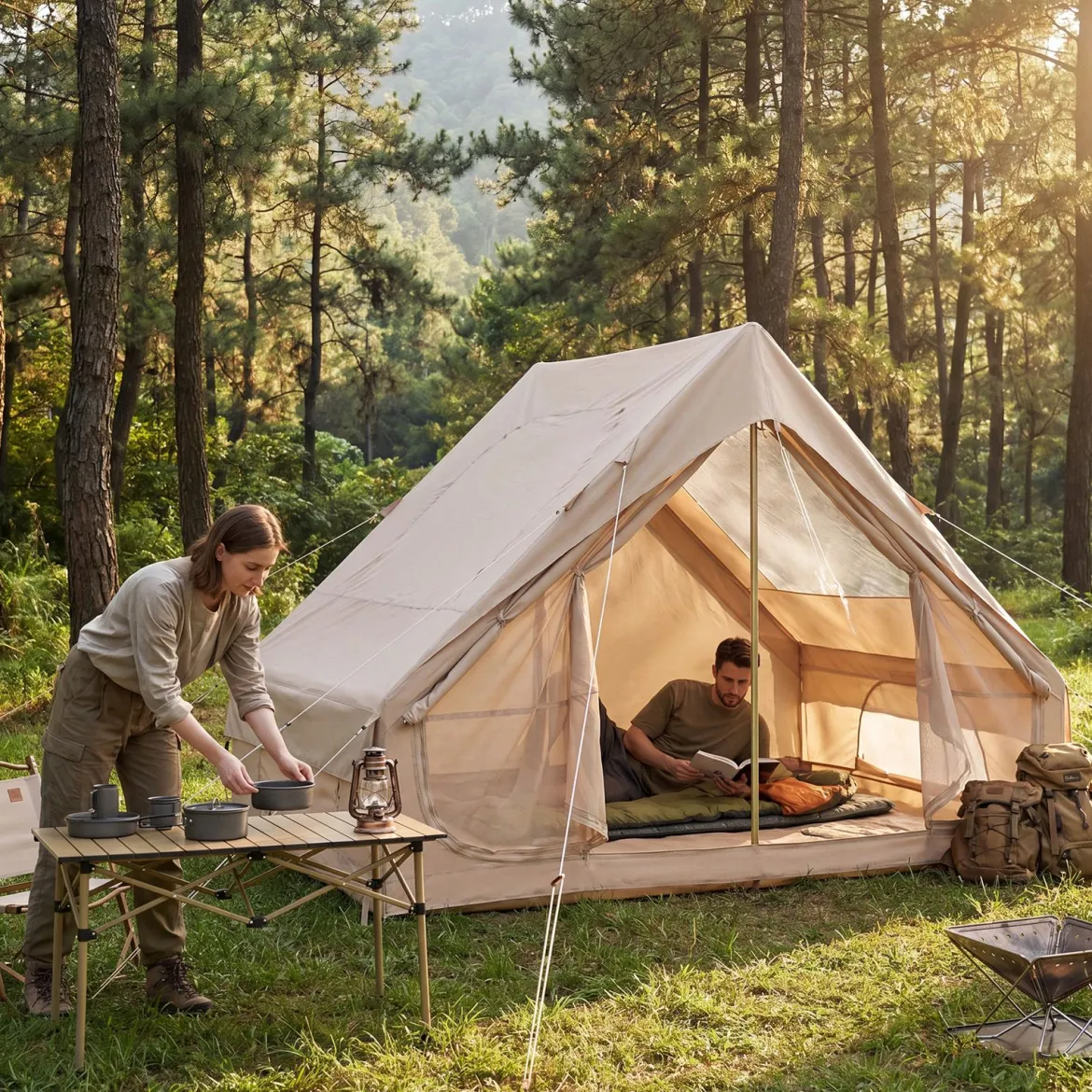 Aufblasbares Zelt für 4 Personen Campingzelt mit 2 Türen Mesh-Fenstern & Dachfenster
