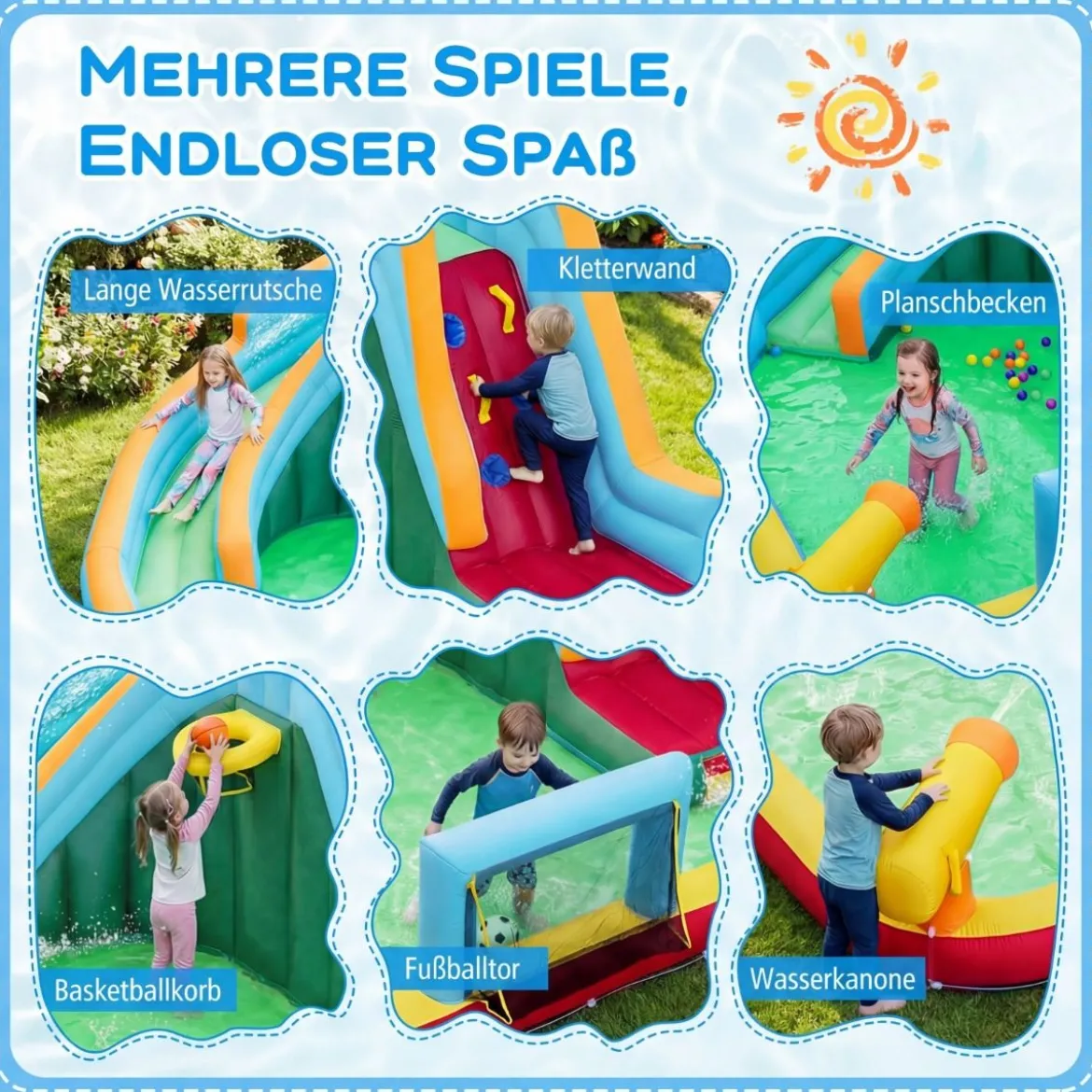 Aufblasbare Wasserrutsche Hüpfburg mit Ozeanbällen Fußball Basketball Kletterwand (ohne Gebläse)