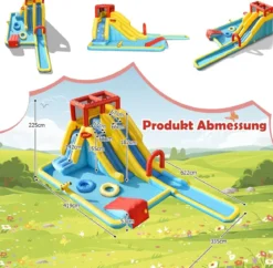 Aufblasbare Wasserrutsche mit Doppelrutsche & Kletterwand & Basketballkorb Hüpfburg Outdoor Wasserpark