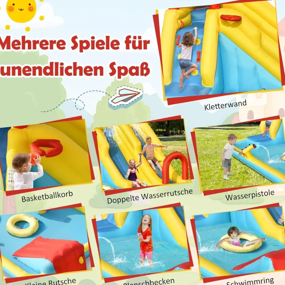 Aufblasbare Wasserrutsche mit Doppelrutsche & Kletterwand & Basketballkorb Hüpfburg Outdoor Wasserpark