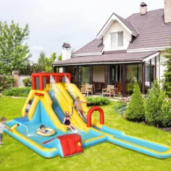 Aufblasbare Wasserrutsche mit Doppelrutsche & Kletterwand & Basketballkorb Hüpfburg Outdoor Wasserpark