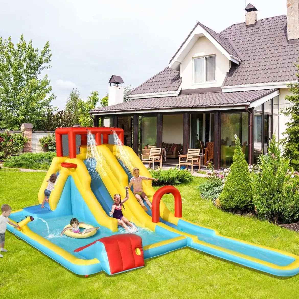 Aufblasbare Wasserrutsche mit Doppelrutsche & Kletterwand & Basketballkorb Hüpfburg Outdoor Wasserpark