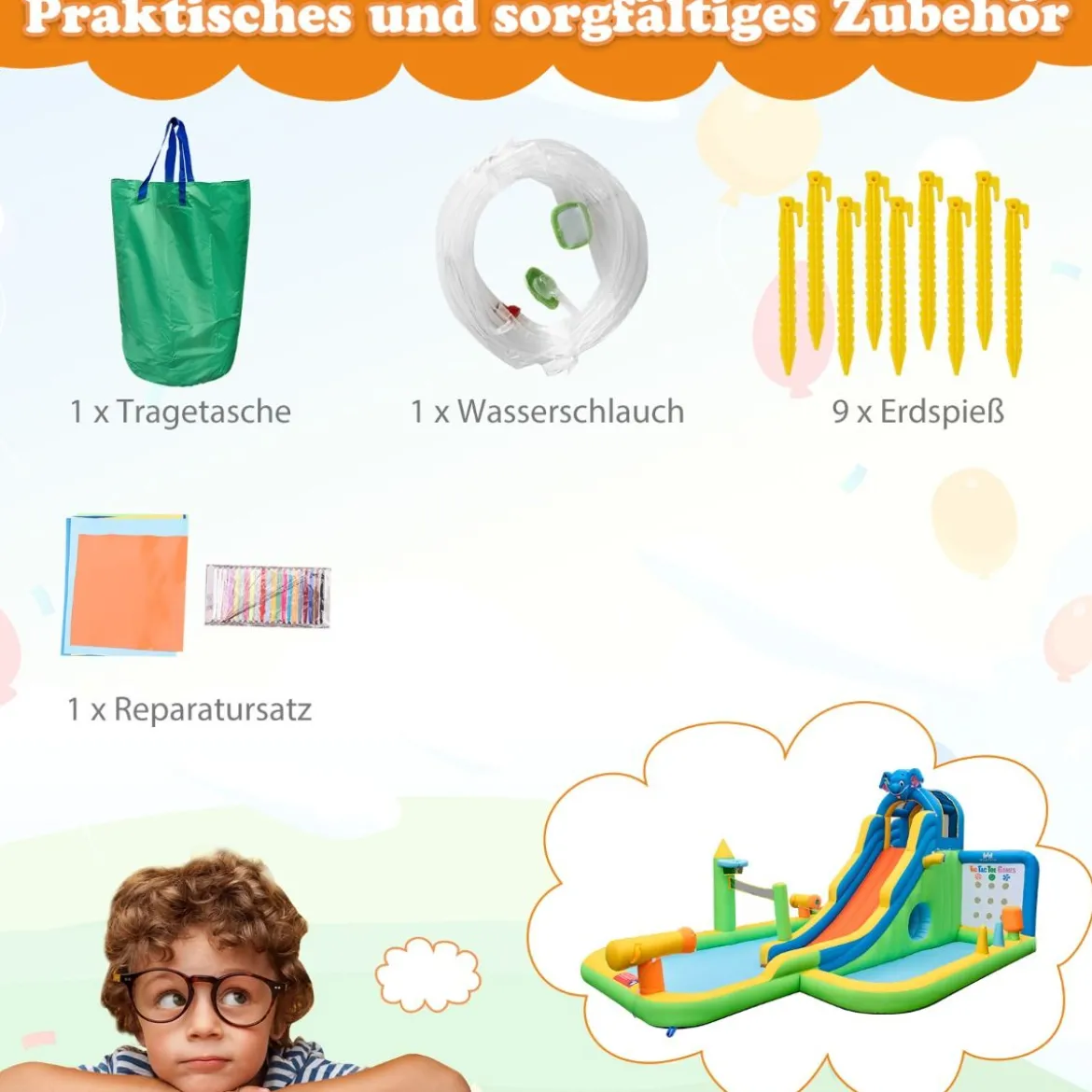 Aufblasbare Wasserrutsche mit Planschbecken & Kletterwand & Wasserkanonen ohne Gebläse