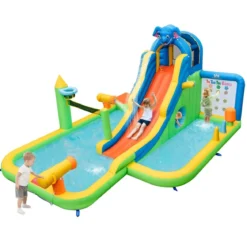 Aufblasbare Wasserrutsche mit Planschbecken & Kletterwand & Wasserkanonen ohne Gebläse