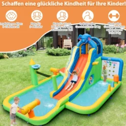 Aufblasbare Wasserrutsche mit Planschbecken & Kletterwand & Wasserkanonen ohne Gebläse
