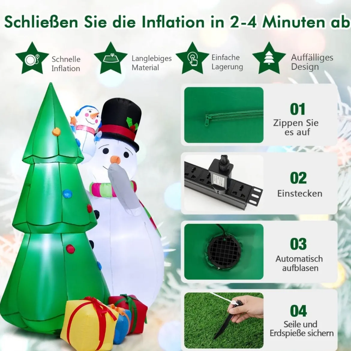 Aufblasbare Weihnachtsdekoration Weihnachtsbaum mit großem & kleinem Schneemann 145 x 105 x 180 cm