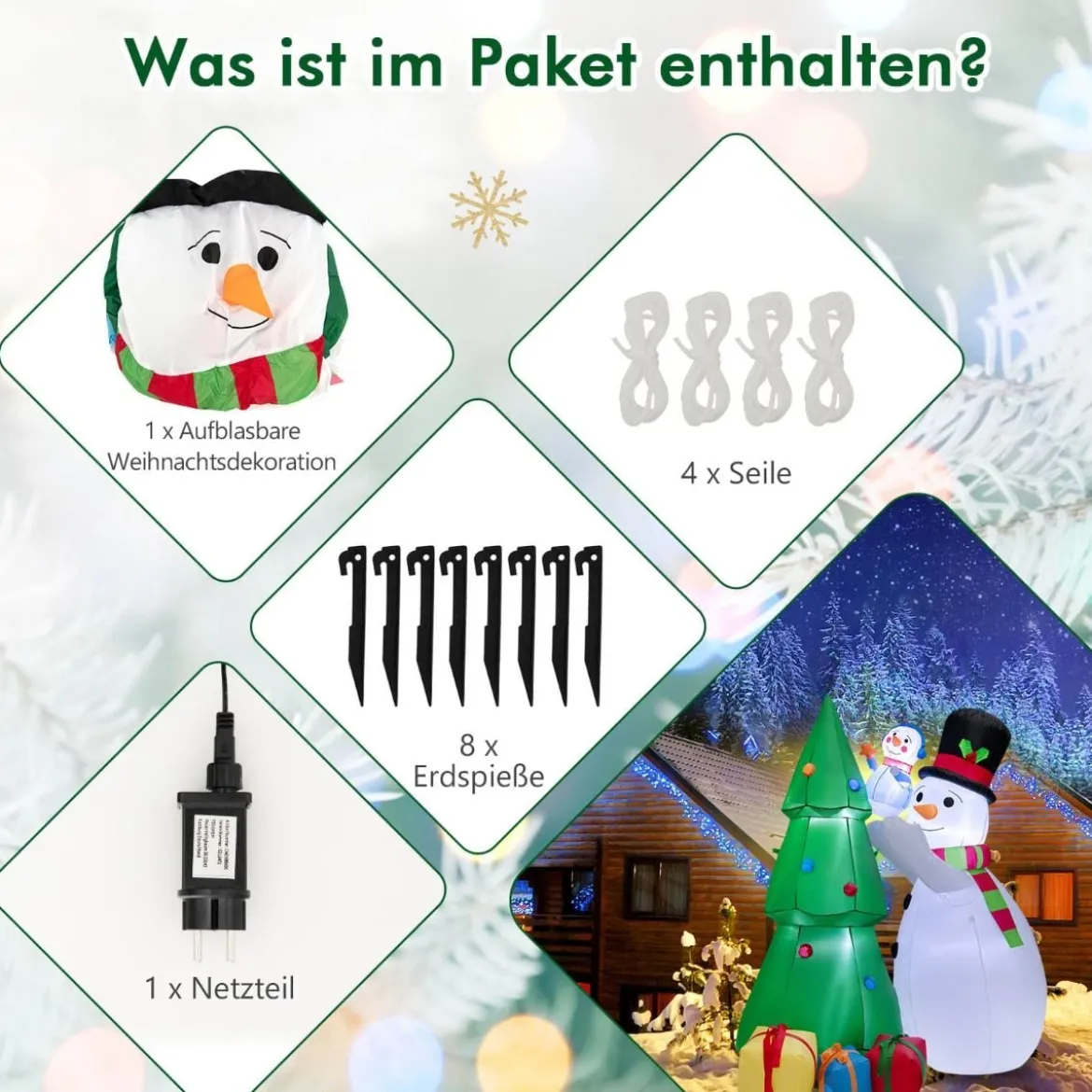 Aufblasbare Weihnachtsdekoration Weihnachtsbaum mit großem & kleinem Schneemann 145 x 105 x 180 cm