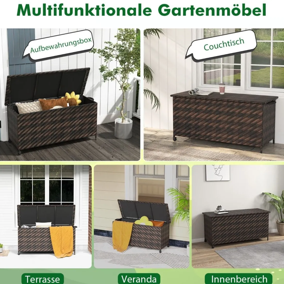 Auflagenbox mit Rollen & 320 L Kapazität Wasserdichte Kissenbox Polyrattan Aufbewahrungsbox